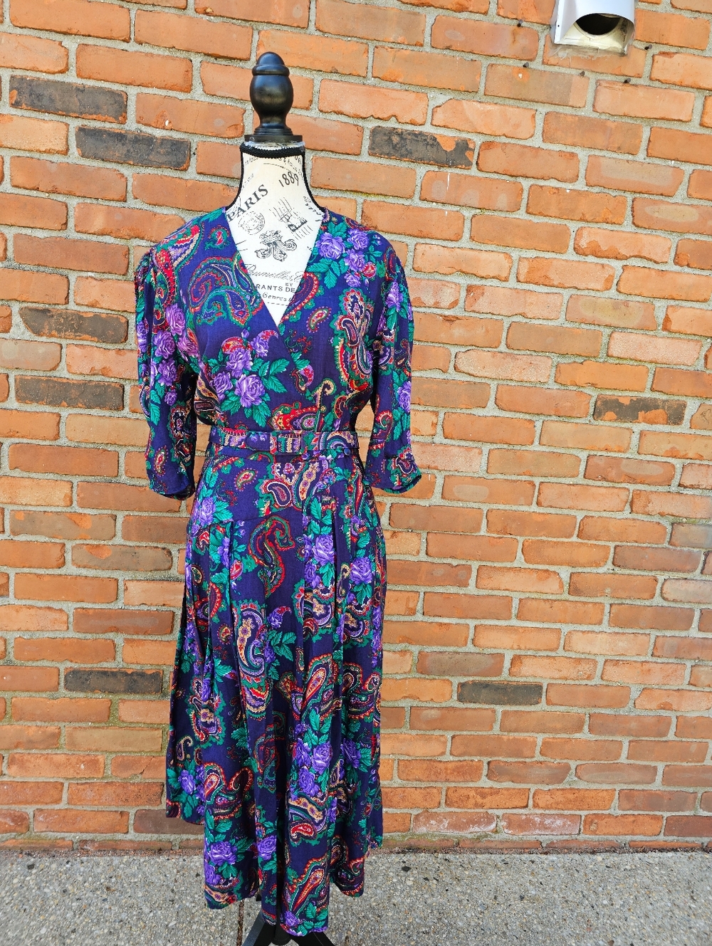 Vintage 80s Paisley Rayon Wrap Midi Dress Belted Secretary Style Purple Green Fl